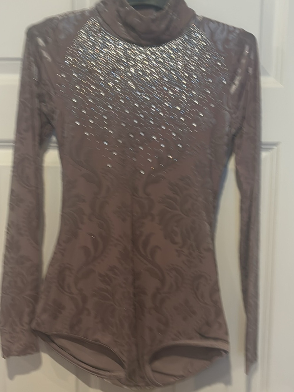 Women's Taupe Long-Sleeve Rhinestone Mock Neck Top w/lyrical skirt